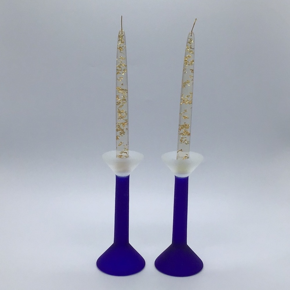Pair Of Frosted Glass Cobalt Blue And White Candlestick Holders